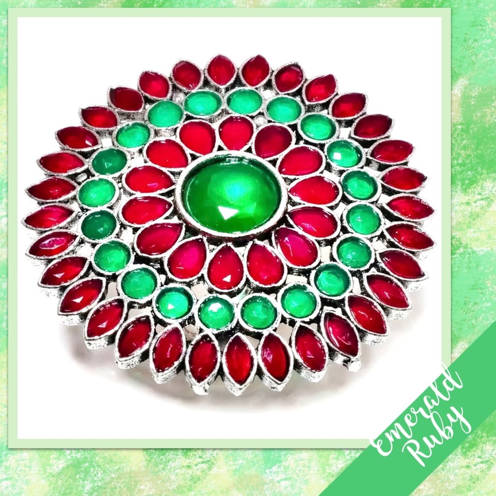 Large Emerald & Ruby Bollywood Style Cluster Ring… - image 4